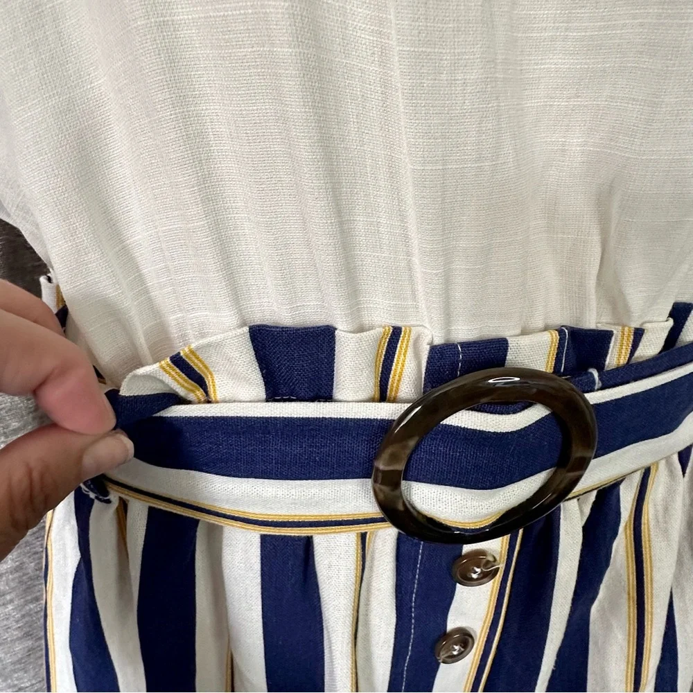 E & M White Blue and Mustard Striped Belted Overall Jumpsuit Women's Size L - Picture 9 of 14